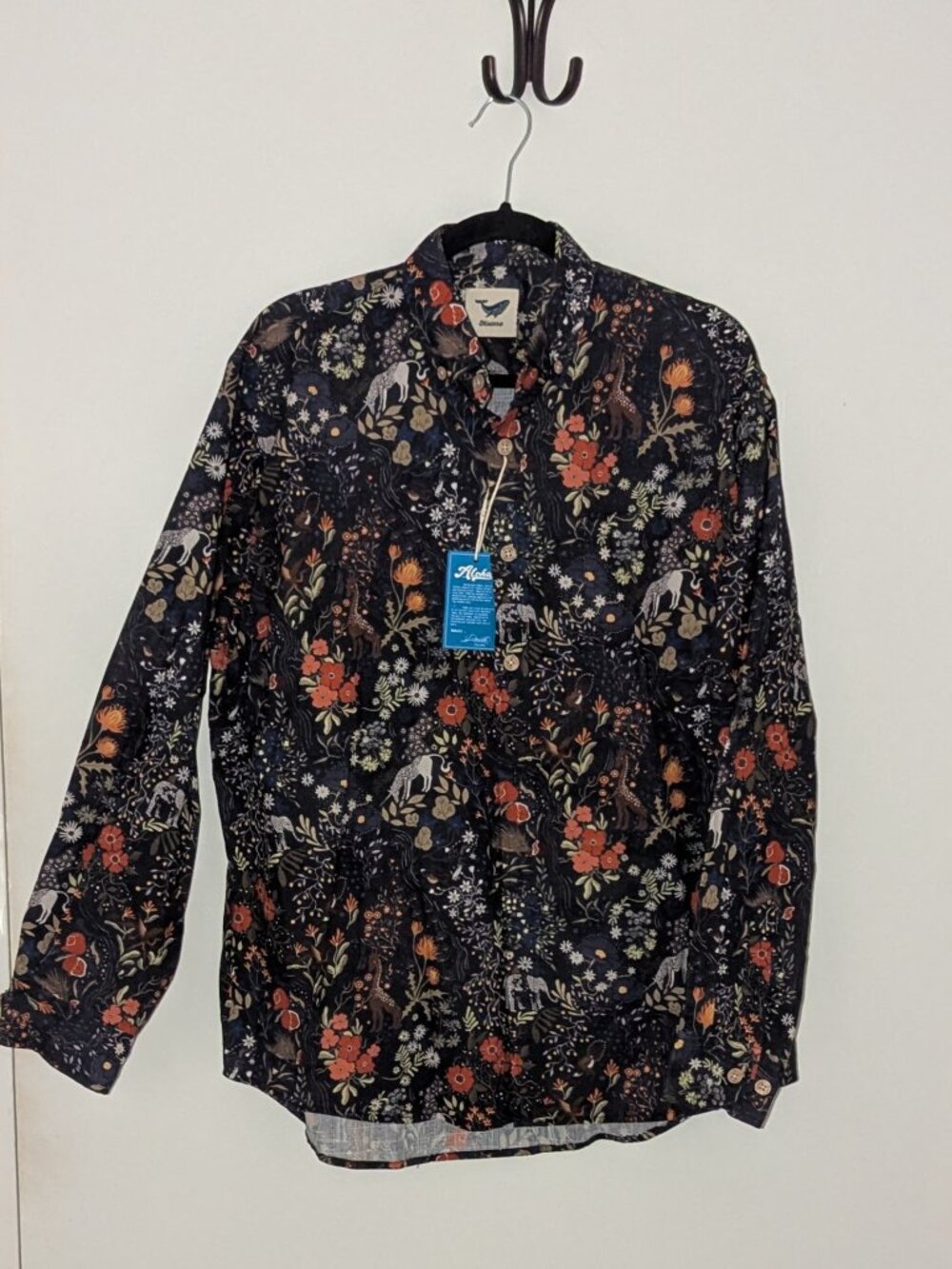 NWT Yiume Men's Long Sleeve Dark Blue Animals/Flowers Cotton Shirt Size L